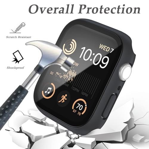 Image of Case Compatible with Apple Watch Series 8 & Series 7 41mm /45mm PC Bumper with Tempered Glass Screen Protector Matte Solid Color Hard Cover (Black, 45mm)