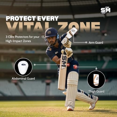 Image of SM Legend Complete Cricket Kit for Men | Cricket Set | 8-Piece: Kashmir Willow Bat + Premium Cloth Helmet + Calf Skin Gloves + Thigh + Arm + Abdominal Guard | Top-of-Range Club Kit | Size SH