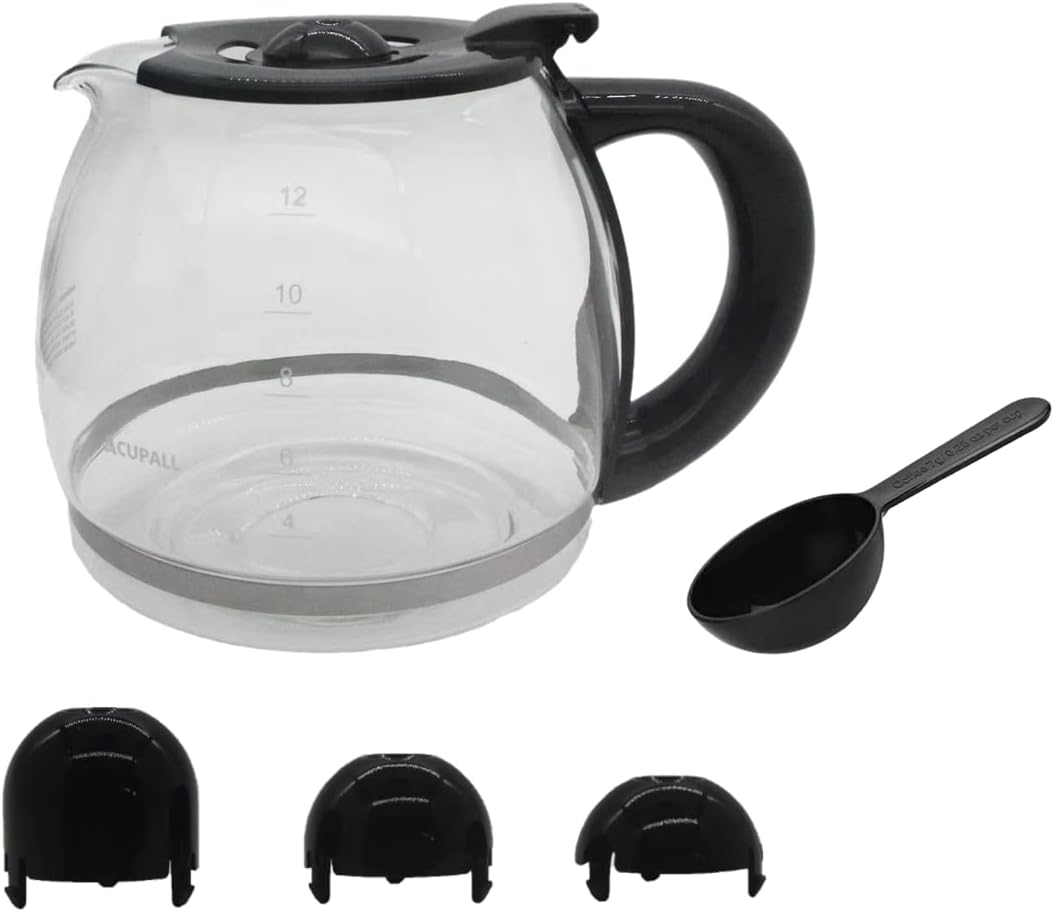 12-CUP Glass Replacement Coffee Carafe Compatible with Mr. Coffee, Black & Decker, Cuisinart and More, Black Close Handle