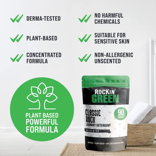 Rockin' Green Classic Rock Laundry Detergent (90 Loads), Natural Laundry Detergent Powder, Biodegradable Odor Fighter, Safe for Sensitive Skin, 45 oz (Unscented)