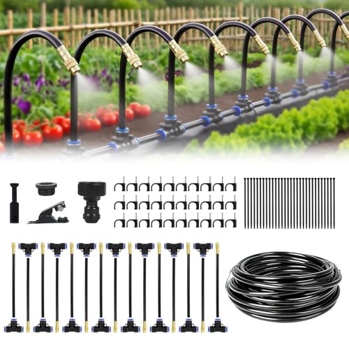 Kit de riego automático por goteo, 50 pies con conectores rápidos sin herramientas, 15 boquillas atomizadoras de cobre y spray flexible de 360° para jardín, invernadero, césped, plantas