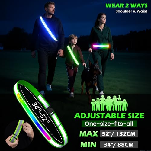 Lauflicht Joggen mit Reflektoren Gürtel, LED Leuchtband USB Aufladbar Verstellbar Nacht Sicherheitslicht Laufgürtel für Jogger Laufen Fahrrad Hundewandern Outdoor Sports für Männer (Green)