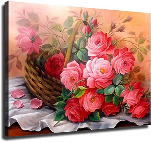 Home Decor Print Oil Painting on Canvas Wall Art, Roses In The Flower Basket (24x32inch,Framed)
