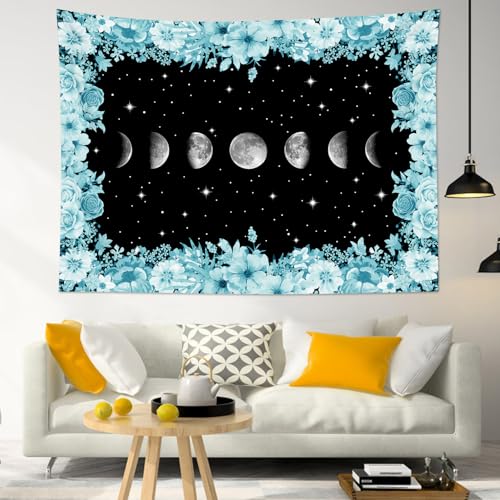 LB Floral Moon Phase Tapestry, Teal Flower surround Moon Phases Wall Tapestry for Bedroom, Black Starry Night Aesthetic Wall Art for Living Room Dorm Home Decor Ready to Hanging, 60 X 40 Inches