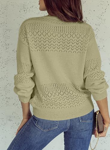 Image of SHEWIN Women's Sweaters Casual Long Sleeve V Neck Crewneck Lightweight Crochet Pullover Sweater Tops