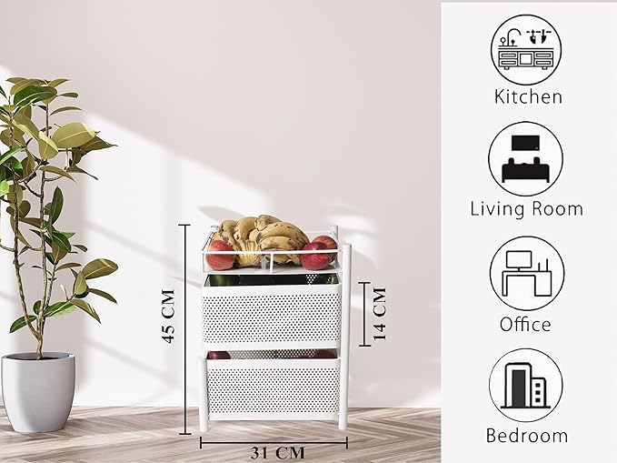 Image of KITCHIVO Kitchen Storage Rack | Revolving Vegetable Rack | Square Multipurpose Storage Trolley with Wheels | Metal Fruit Rack (White, 2 Layer)