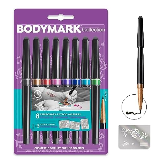 BIC BodyMark COLLECTION - Marcadores para Tatuajes Temporales, calidad cosmética para usar sobre la piel - Pack de 8 Colores Variados y 3 Láminas de Plantillas - Arte Corporal - Color negro