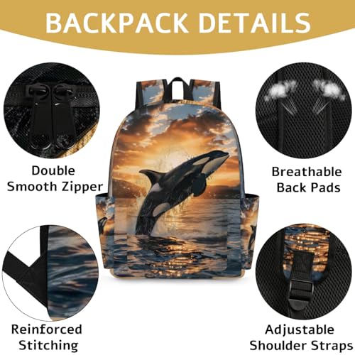 3d Killer Whale 15 Inch Small Backpacks for Women Men, iPad Tablet Backpack Casual Travel Camping Daypack with Adjustable Shoulder Straps and Non-slip Chest Buckle2
