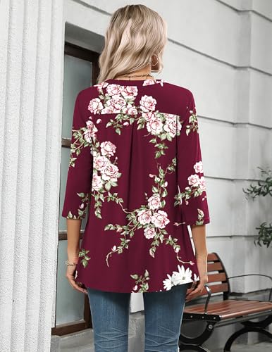 Zeagoo Tunic Shirts for Women 3/4 Sleeve Tops Floral V Neck Blouses Dressy Casual Tops for Grandma Red L4