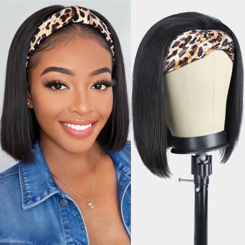 AISI Headband Wigs Human Hair Bob Headband Wigs for Black Women Easy Put On and Go Glueless Wig Short Straight Wigs Machine Made 180% Density No Lace Wig Natural Color(10 Inch)