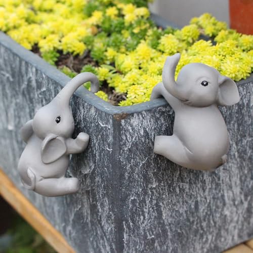 JARPSIRY Set of 2 Cute Climbing Elephant Statues Flower Pot Hugger Resin Hanging Animals Figurine Outdoor Planter Pot Decorations for Home Garden Patio Lawn Yard Ornaments