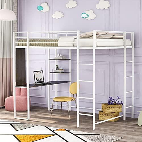 Bellemave Metal Loft Bed Studio Loft Bunk Bed Over Desk and Bookcase with 2 Ladders,Twin Loft Bed for Dorm,Boys and Girls Teens Kids,White