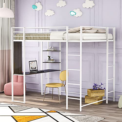 Bellemave Metal Loft Bed Studio Loft Bunk Bed Over Desk And Bookcase With 2 Ladders,Twin Loft Bed For Dorm,Boys And Girls Teens Kids,White #TOP22