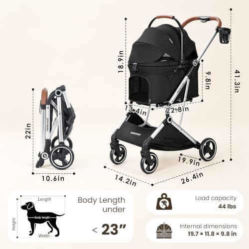 Image of T3 Pro Small Dog Stroller (Black) | Detachable Carrier, Change Linner, Larger Rear Wheel, Aluminum Alloy Frame, Easy Assembly, Easy to Store