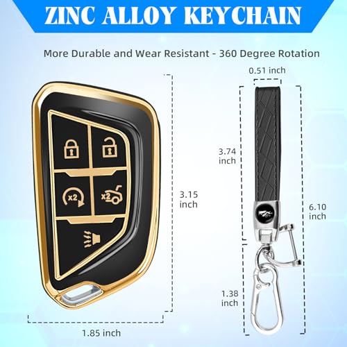 Image of QBUC for Cadillac Key Fob Cover with Leather Keychain (Gold Trim Black) | Soft TPU Protection Case Compatible with 2020-2026 Cadillac Escalade Lyriq Optiq 5-Buttons