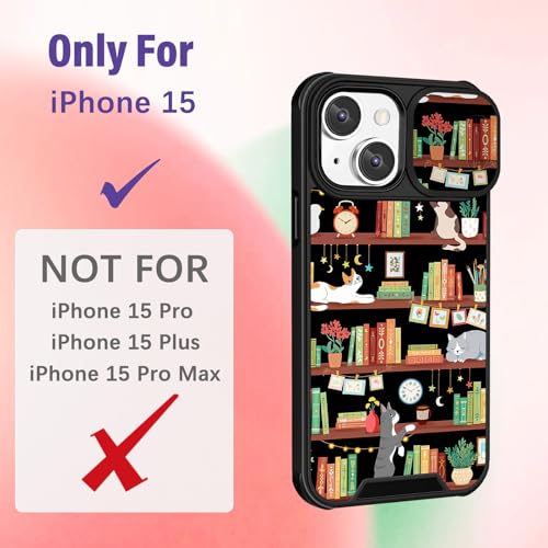 Image of Funermei for iPhone 15 Case - Women Girls Cute Phone Cover Girly Pretty Aesthetic Cat and Books Unique Design with Camera Cover Funda for Apple for iPhone 15