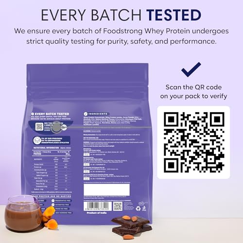 Image of Foodstrong Whey Protein Powder (Concentrate + Isolate), 100% Hormone Free Grass-Fed Whey, 26G Protein & 6.6G BCAA, Chocolate Almond, With Turmeric & Digestive Enzymes, 2KG