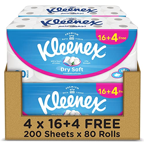 Kleenex Dry Soft Toilet Paper Rolls (Pack of 16+4 Free Rolls x 200 Sheets) x 4 Made with Natural Cotton Soft Materials Embossed Bathroom Tissues 2-Ply Dependable Strength Flushable Tissue