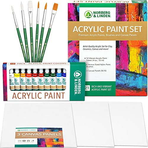 Norberg & Linden Acrylic Paint Set -12 Acrylic Paints, 6 Paint Brushes For Acrylic Painting, 3 Painting Canvas Panels - Premium Art Supplies For Adults Canvas Painting #TOP14