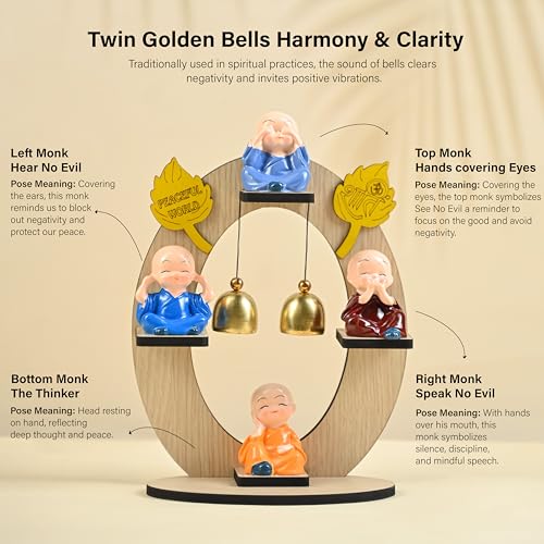 Image of ZAICUS Monk Showpiece Set of 4 | Buddha Monk Figurines with Hanging Bells | Home Office Decor, Ideal for Living Room | Housewarming Birthday Gift