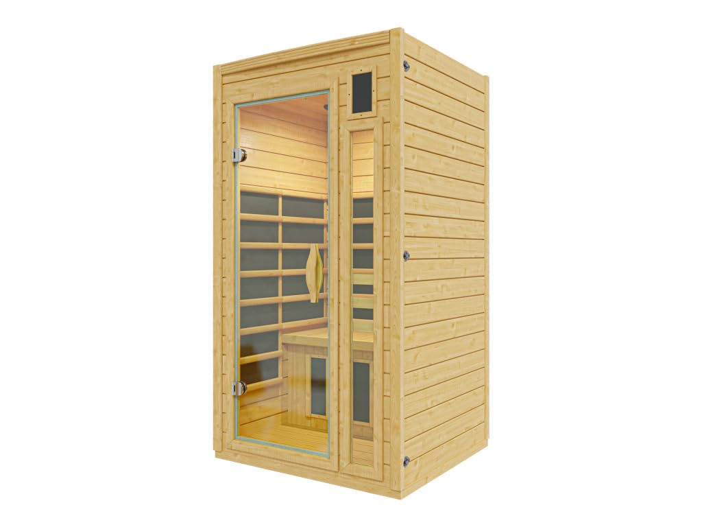 Infrarotkabine 1 Person | Hemlockholz natur | 99x91x184cm | Ganzglastür Klarglas | Mica-Heizung 1,33kW | Fronteinstieg | Wärmekabine für Zuhause | MP3-Halter, Becherhalter & Rückenlehne