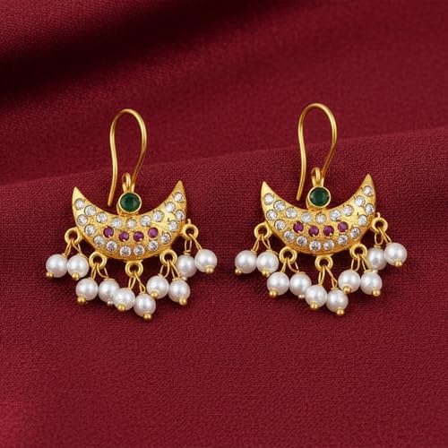 Image of VAMA FASHIONS 18K Gold Plated Anti Tarnish Half Moon Peacock Shape Traditional Maharashtrian Press on Bugadi Upper Ear Clip on Earrings For Women & Girls