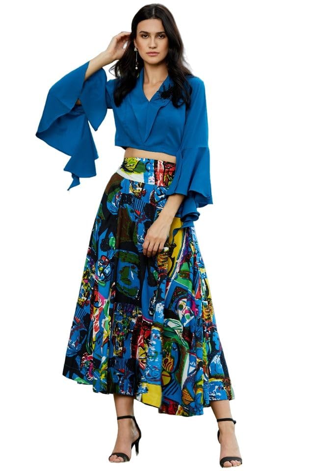 Polyester Women's Embroidered Crop Top with Picasso Printed Skirt Co=ord Set