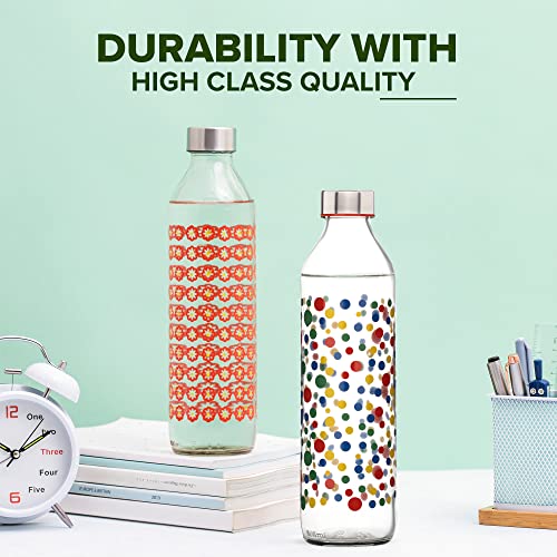 Image of SAND DUNE Set of 6, 800 ml Each Polka Dots Printed Glass water bottle, with Leak-Proof Airtight Stainless-Steel Lid for Water, Smoothie, Juices - Reusable Travel Glass Drinking Fridge Bottles