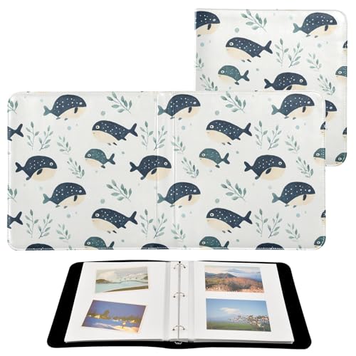 FOLIOSA Photo Album Cute Whale Print, Leather Cover Self Adhesive Scrapbook Album for 2x3/4x6/5x7/6x8 in Photos for Family Travel Wedding
