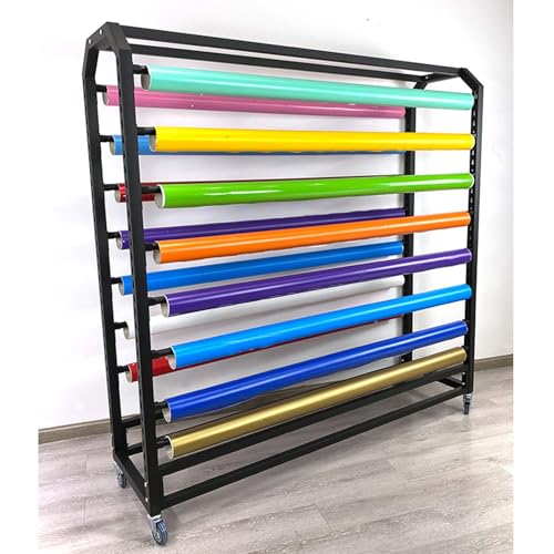 Large Fabric Roll Organizer Storage Rack with Adjustable Hanging Rod, Heavy Duty Steel Vinyl Car Wrap Film Holder, Commercial Window Film/Wrapping Paper Display Racks with Wheels(10 rods,130cm)