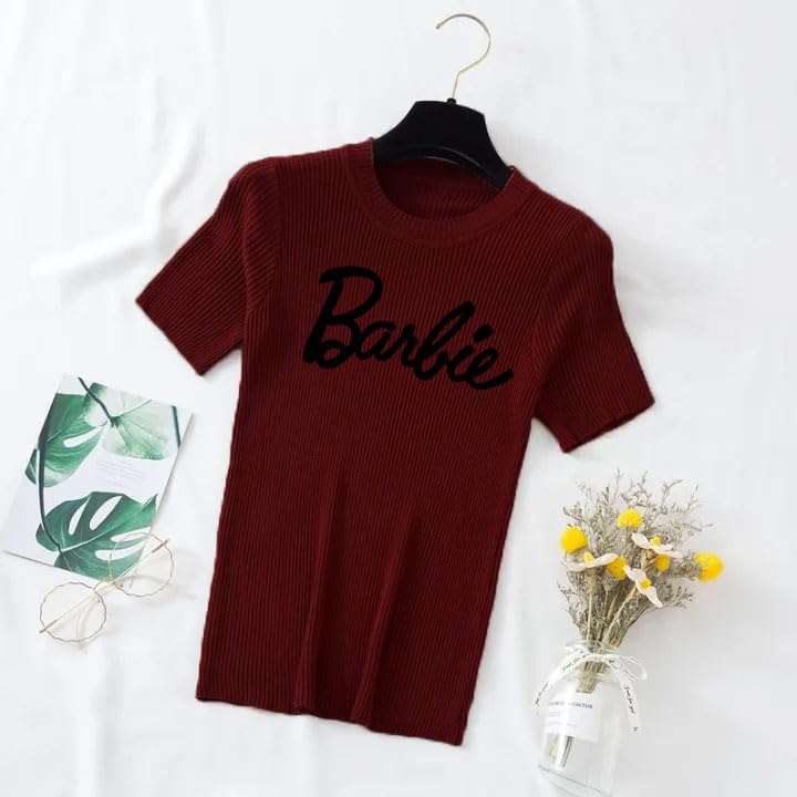 Image of Istyle Can Linen Plain Round Neck Rib Knit Short Sleeve Streachable Regular Top for Women (in, Alpha, Medium, Regular, Barbie Maroon)