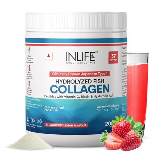 Image of INLIFE Japanese Marine Collagen Supplements for Women & Men | Clinically Proven Ingredient with Biotin, Hyaluronic Acid, Vitamin C & Glucosamine (200g, Strawberry)
