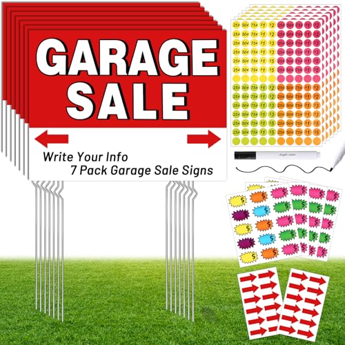 20 Pcs Garage Sale Signs Kit - 17x13 Inch Garage Sale Sign With Metal Stakes Red Yard Sale Signs with Price Stickers Arrow Stickers Marker Pen Garage Sale Supplies for Event