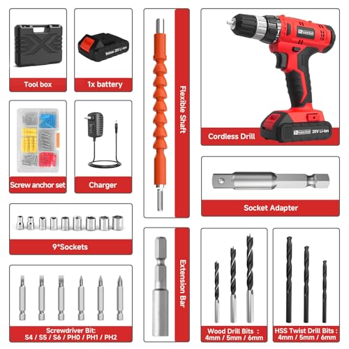 Image of FADAKWALT Cordless Drill Set, 20V Electric Power Drill With Battery And Charger, 30N Torque, 21+1 Settings, 3 /8-Inch Keyless Chuck, Driver Bits Kit, LED Light (Red)