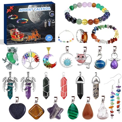Calendrier de l'Avent Bijoux 2025, 24 Jours Compte à Rebours de Noël Calendrier de l'Avent Pierre Precieuse avec Bracelet Boucles Oreilles Anneau Collier pour Adolescent Filles Cadeau Noel