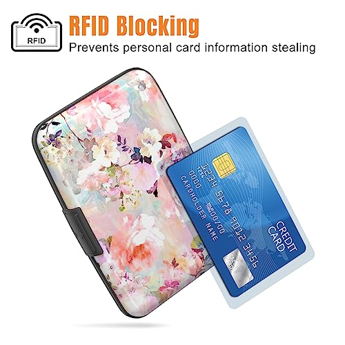 Image of Rimilak Aluminuml Credit Card Holder, Mini Credit Card Wallet RFID Blocking Slim Metal Hard Case for Women Men, Pink Flower