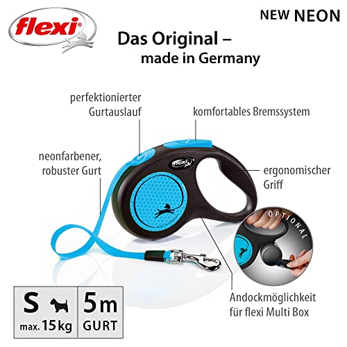 flexi® Neon S Gurt 5 m schwarz/neon-blau, Roll-Leine für Hunde bis 15 kg