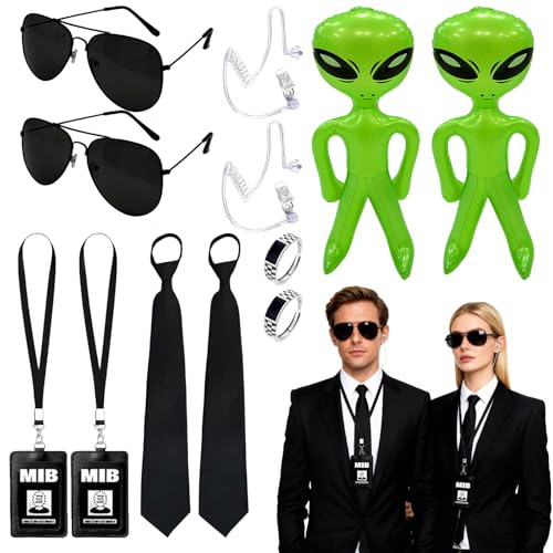 Zouonou 12 Stück Men in Black Kostüm Agent Kostüm Zubehör Geheimagent Spion Kostüm Zubehör für Erwachsene Sonnenbrille Krawatte Ohrschlauch Ausweis Ring & Deko Halloween Karneval Rollenspiel