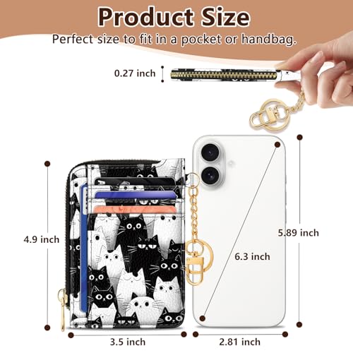 Image of GIANCOMICS Slim Wallet Credit Card Holder Women, Cats Rfid Blocking Small Card Case, Keychain Thin Pocket Curved Zipper Wallet, Travel Card Holder PU Leather ID Window, Ladies Female Gifts