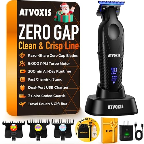ATVOXIS Zero Gap 9,000 RPM Brushless Professional T Blade Trimmer for Men: Cordless Hair/Beard Clipper Edger Liner Outliner with LED Display 300min Runtime Fast Charging Stand Travel Pouch