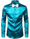ZEROYAA Men's Luxury Shiny Silk Like Satin Button Up Dress Shirts ZLCL14-Turquoise Medium