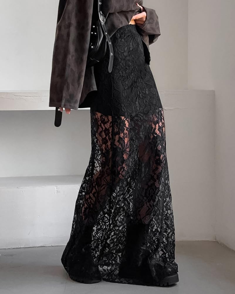 Donna vedere attraverso le gonne di pizzo a vita alta sexy puro Y2K estate eleganti gonne lunghe