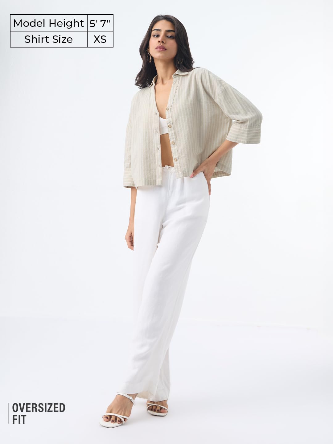 The Souled Store Camicia in cotone e lino: camicia da donna e ragazza, maniche con spalle scoperte, colletto largo, a righe, leggera, casual, oversize