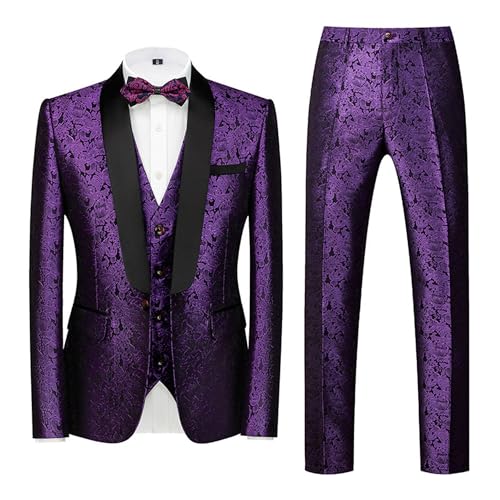Men's Tuxedo Suit Set Regular Slim Fit Shawl Lapel Suit Sets Jacket Pants Formal Floral Tuxedo for Men