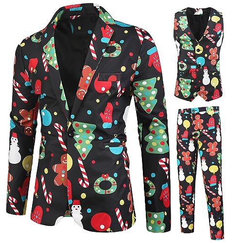 Mens Christmas 3-Piece Tuxedo Set Long Sleeve Prints Tux Jacket Vest Pants with Bow Tie Christmas Party Suits