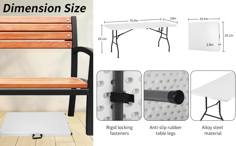 Miniatura 7 de Mesa plegable portátil de plástico de 6 pies y 71 pulgadas, parte superior resistente con asa de transporte, interior y exterior, patio, camping,