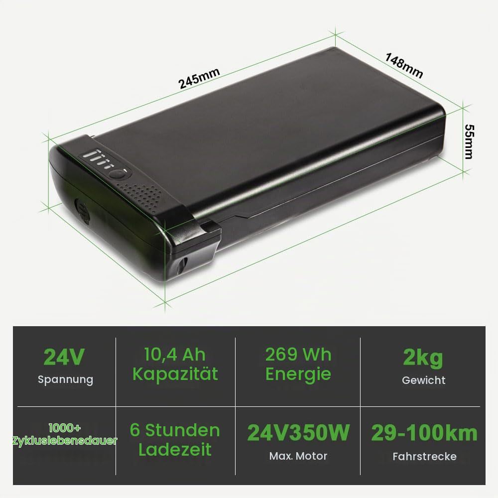 E-Bike Li-ion Batterie 24V 10,4Ah Akku mit Ladegerät für Prophete, Mifa, Phylion, PortaPower Gepäckträgerbatterie