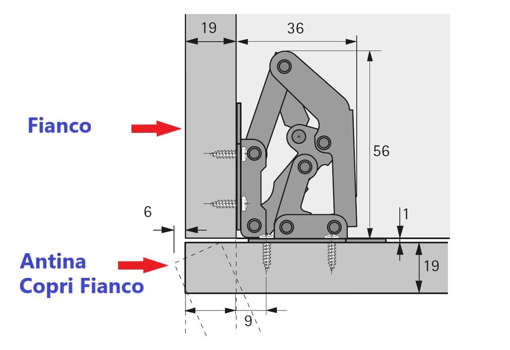 GAMOBIFER. Cerniera per Ante senza Foro Incasso. Automatica a Scatto sia in Apertura che in Chiusura, Angolo di Apertura fino a 90°. (pz 4, 105 x 44 x 25 mm)