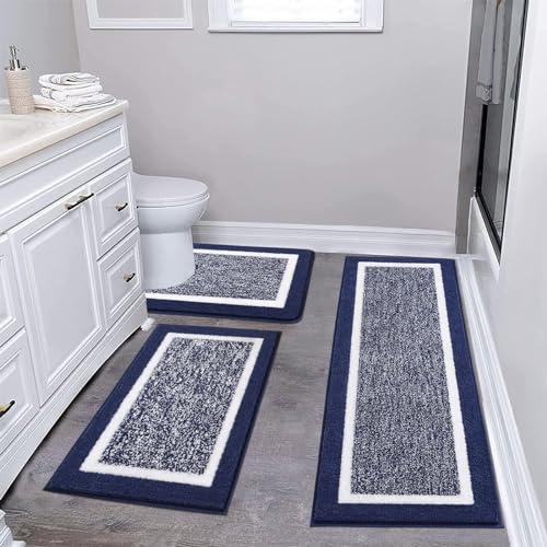 Pauwer 3 Piece Bath Mat Set Non-Slip Plush Rugs Absorbent Shaggy Set With U-Shaped Contour Toilet Mat for Bathroom Bedroom Living Room Navy