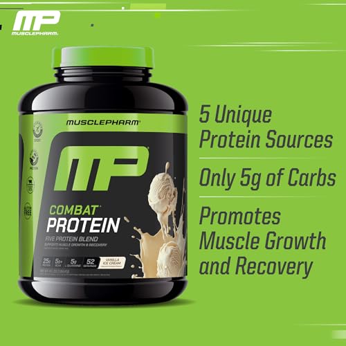 Image of MusclePharm Combat Protein Powder, Vanilla Flavor, Fuels Muscles for Productive Workouts, 5 Protein Sources including Whey Protein Isolate & Egg Albumin, Gluten Free, 4 lb, 52 Servings